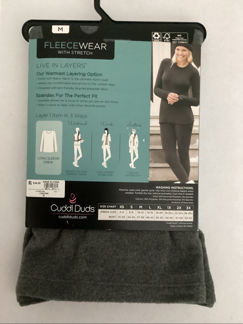 Cuddl Duds Fleecewear with Stretch Long Sleeve Crew - Heather Charcoal - Picture 3 of 5